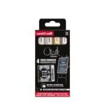 Set 4 markere cu cretă lichidă UNI Chalk PWE-5M, vârf rotund 1.8-2.5 mm, alb, auriu, argintiu