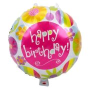 Balon folie rotund Happy Birthday cu flori colorate