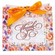 Pungă din hârtie Thank You cu model floral și panglică - portocaliu, 16 x 14 x 7 cm