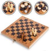 Joc 3in1 - Șah, Dame și Table, carcasă lemn maro, 23x24cm, 3+ ani