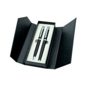 Set cadou stilou și pix Office-Cover, metalic, negru cu striații, în cutie cadou