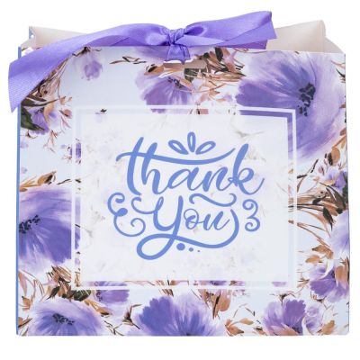 Pungă din hârtie Thank You cu model floral și panglică - mov, 16 x 14 x 7 cm