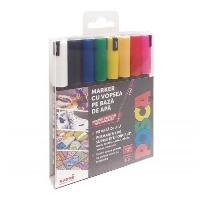 Marker uni PC-1MR Posca 0.7 mm, varf fin metalic set 8 culori