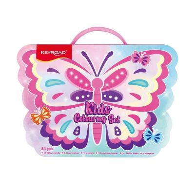 Set coloriaj Keyroad, 54 piese, 12 creioane colorate, 8 carioci, 12 creioane cerate, 5 planșe, 16 stickere și ascuțitoare