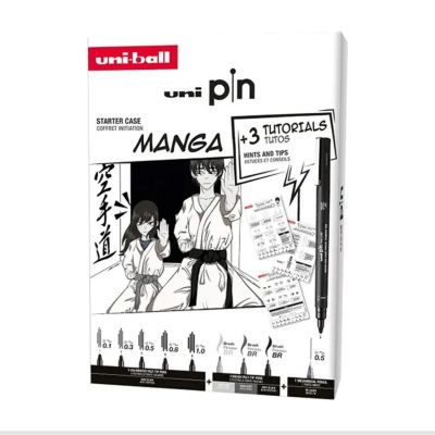 Set linere Uni Pin Manga Starter Case cu 8 linere, creion mecanic și șabloane