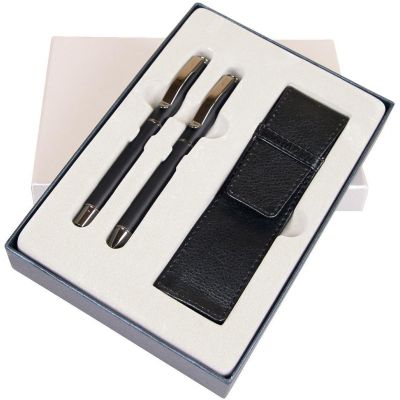 Set stilou, pix și etui CRESCO Exclusive S, model ES-03, metalic, negru, cutie cadou